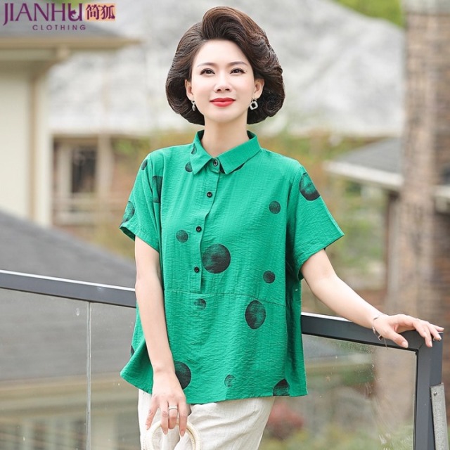 12459883.妈妈夏装洋气印花上衣中年女翻领短袖T恤中老年减龄衬衣小衫