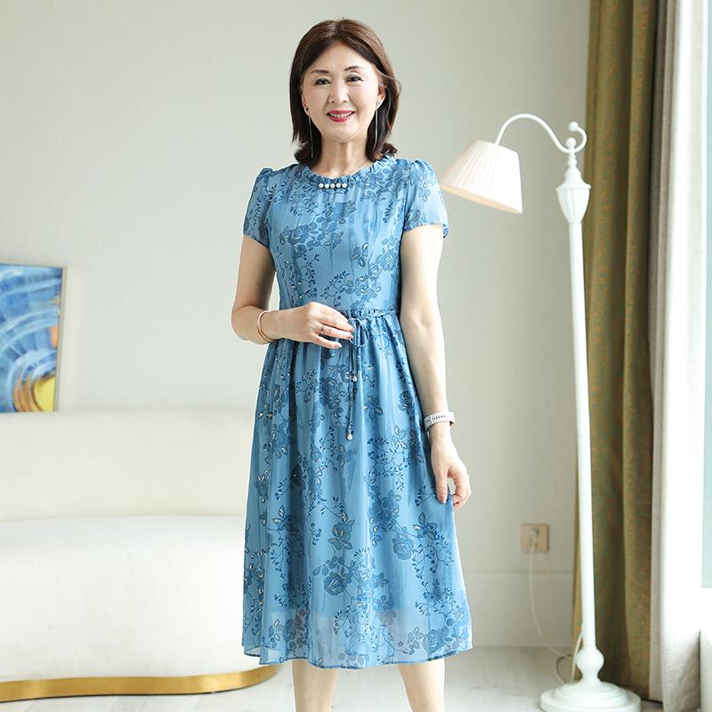12455156.妈妈夏装时尚收腰连衣裙中年洋气雪纺碎花裙子中老年夏季气质长裙