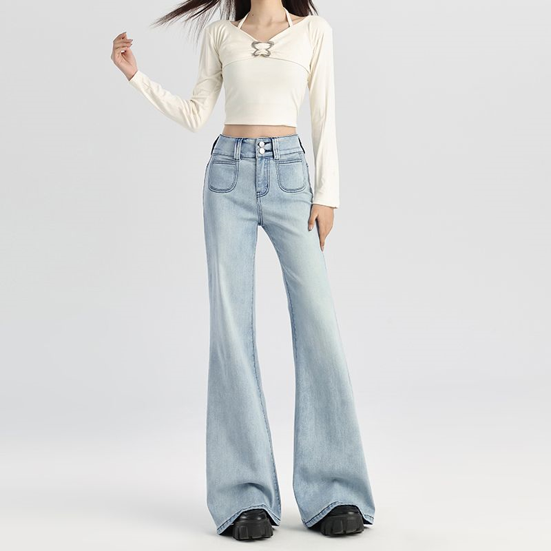 12455482.柒蒙 设计感高腰双扣弹力修身微喇叭牛仔裤女垂感马蹄裤