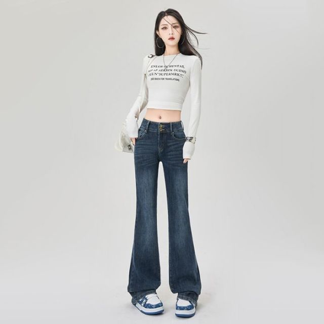 12455481.柒蒙 高腰排扣微喇叭裤刺绣弹力修身显瘦牛仔裤女