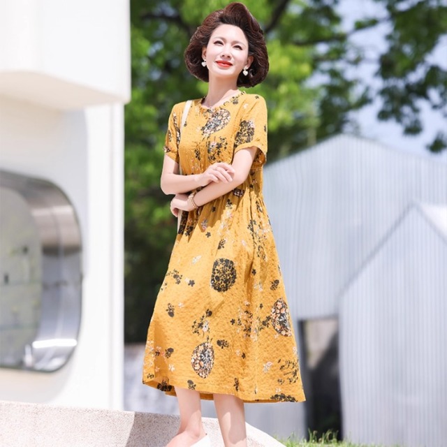12455143.中年妈妈夏装连衣裙女气质优雅过膝长裙中老年人夏季短袖复古裙子