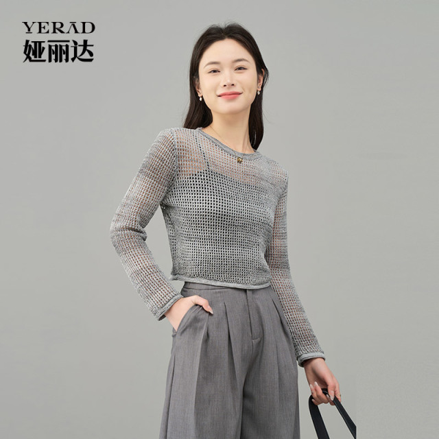 12455863.【娅丽达】设计感渐变色镂空针织衫女大码女装轻罩衫