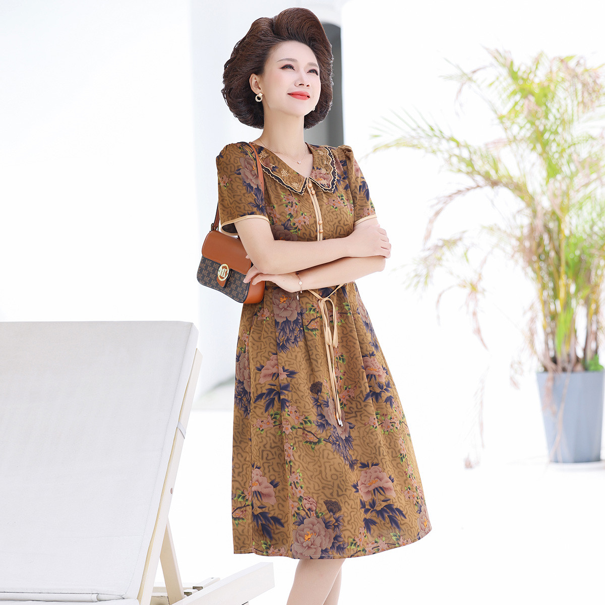 12455150.妈妈装夏季中国风复古连衣裙中老年女夏装雪纺气质长裙子