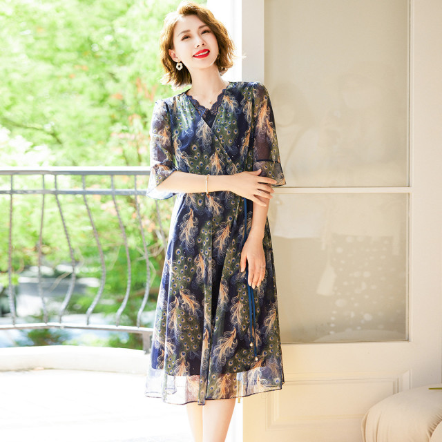 12455159.妈妈夏装雪纺连衣裙时尚减龄中年女装短袖裙子中老年女装