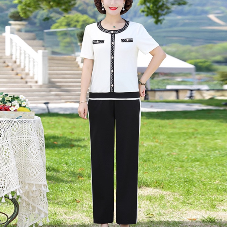 12455416.夏装中年妈妈短袖T恤套装阔太太高贵洋气质减龄两件套