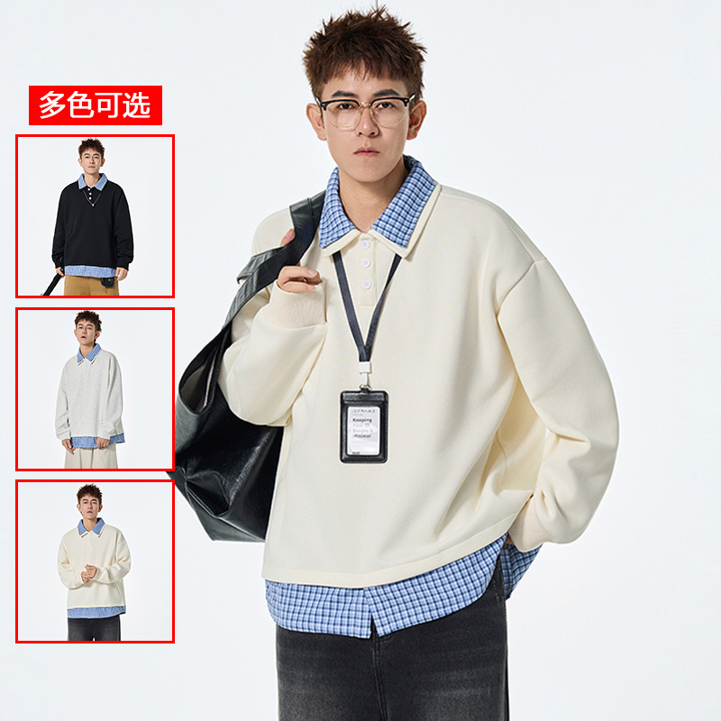 12456459.衣仕梵春秋新款男式假两件拼接格纹青少年潮流百搭卫衣【衣仕梵男装QD】