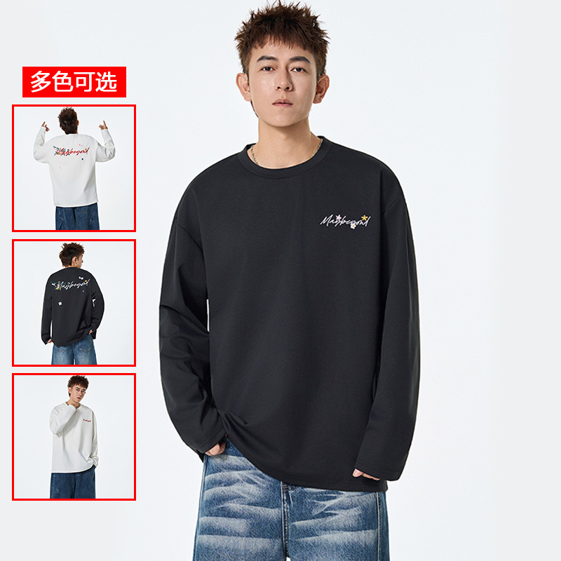 12456426.衣仕梵春秋新款男式圆领简约绣花潮流百搭长袖T恤【衣仕梵男装QD】