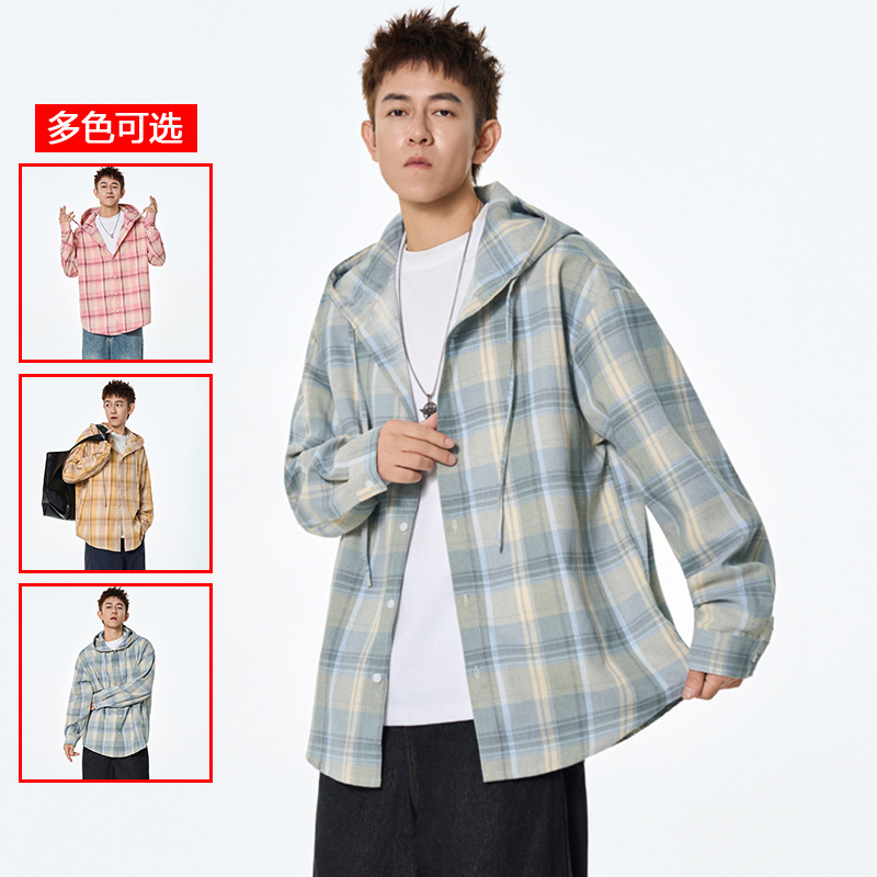 12456480.衣仕梵春秋新款男式连帽格纹青少年百搭衬衫【衣仕梵男装QD】