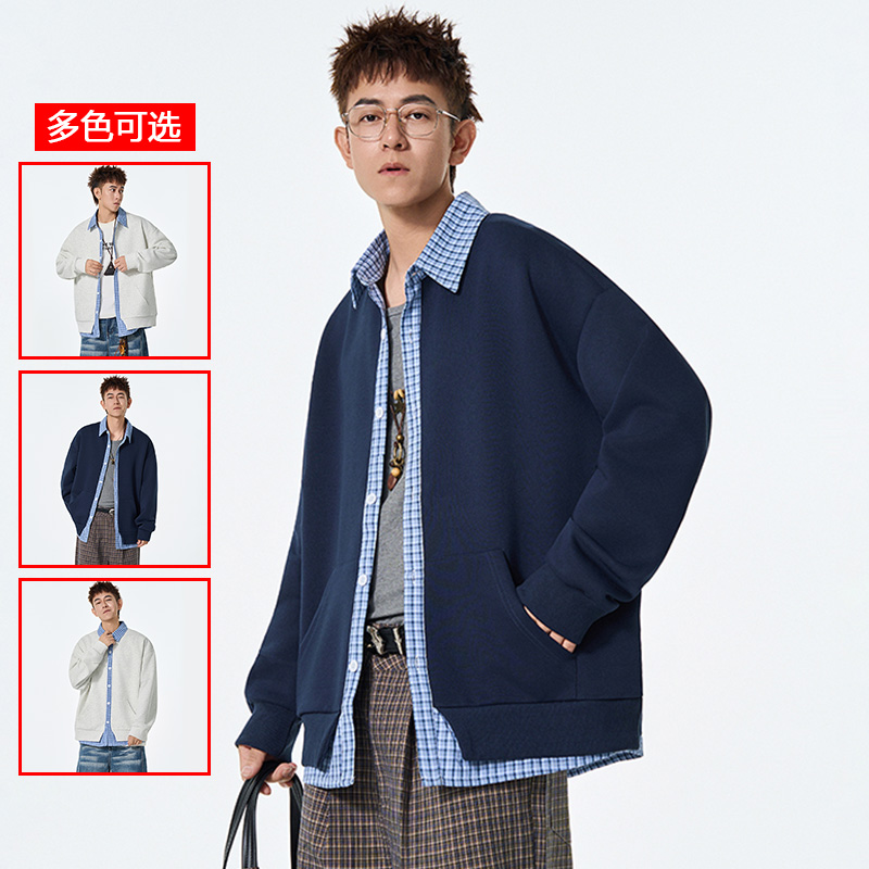 12456454.衣仕梵春秋新款男式假两件开衫拼接格纹潮流卫衣【衣仕梵男装QD】