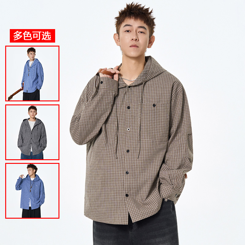 12456468.衣仕梵春秋新款男式连帽格纹潮流百搭衬衫【衣仕梵男装QD】