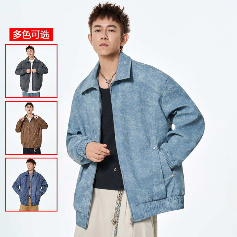 12456383.衣仕梵春秋新款男式扎染风翻领宽松潮牌皮夹克【衣仕梵男装QD】