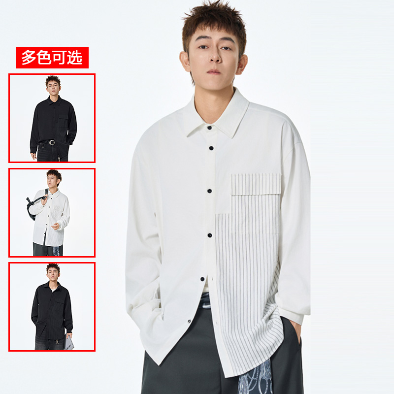 12456430.衣仕梵春秋新款男式拼接竖条纹潮流百搭衬衫【衣仕梵男装QD】