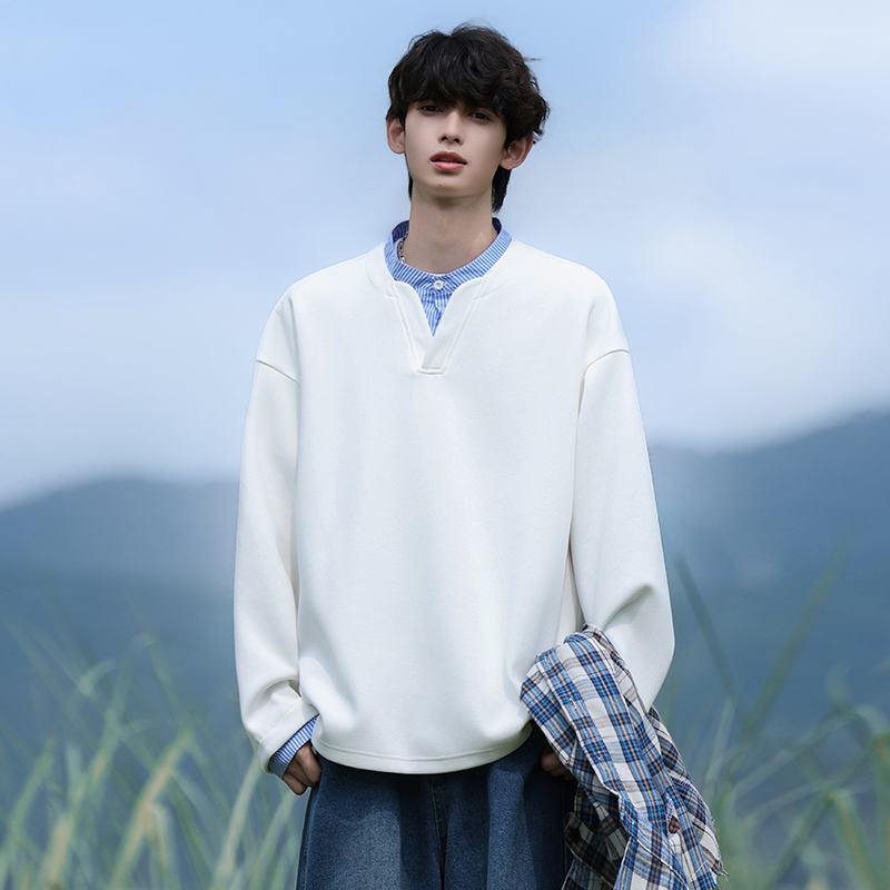 12460460.淘贝鼠春秋新款男款情侣款假两件条纹潮流宽松卫衣【淘贝鼠男装QD】