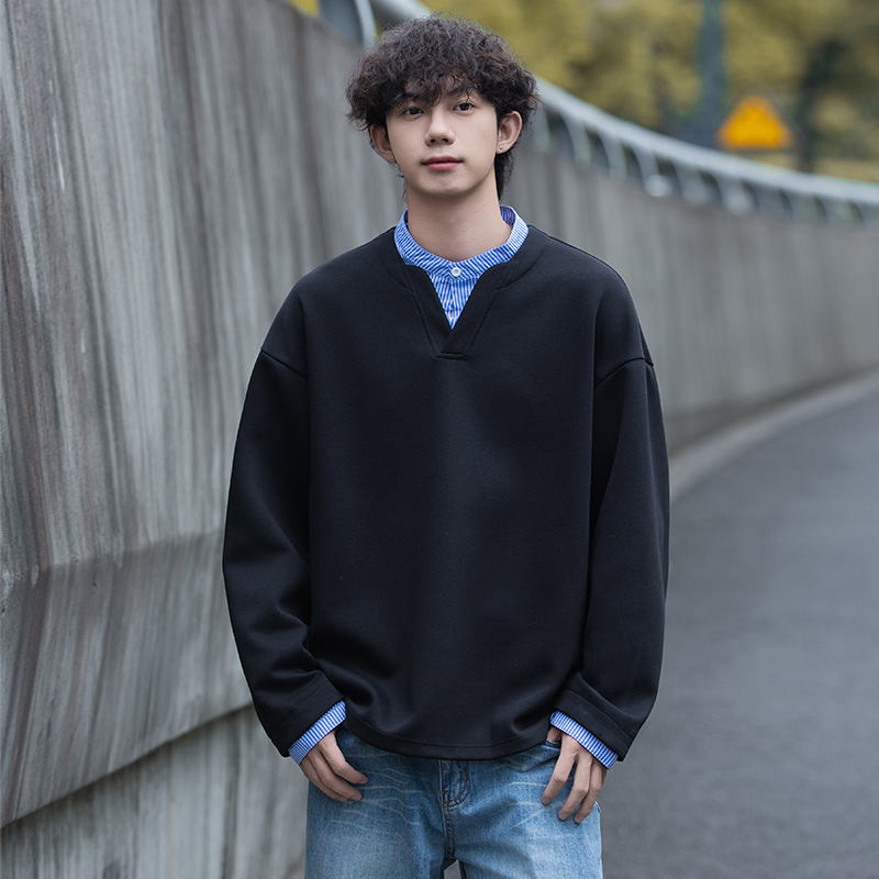 12460339.7-CY春秋新款男式情侣款假两件条纹潮流宽松卫衣【7-CY男装QD】