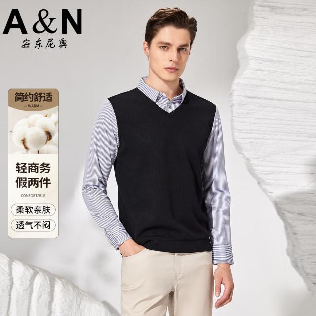 12458239.【衬衫领假两件】秋冬简约舒适针织衫男柔软亲肤商务休闲假领毛衣
