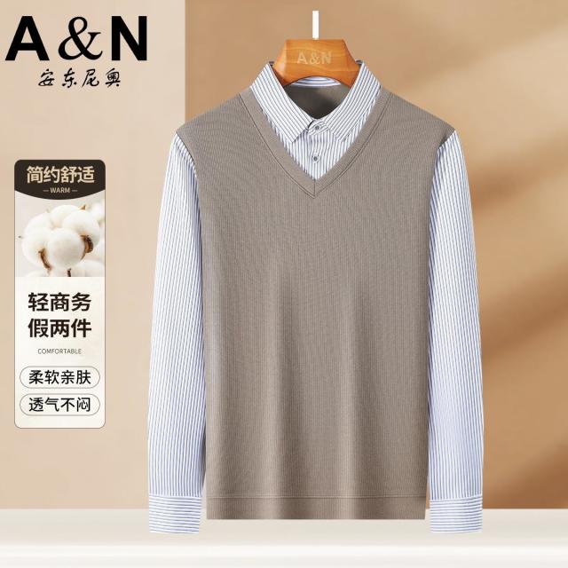 12458471.【衬衫领】简约百搭假两件针织衫男秋冬商务休闲百搭加厚打底毛衣
