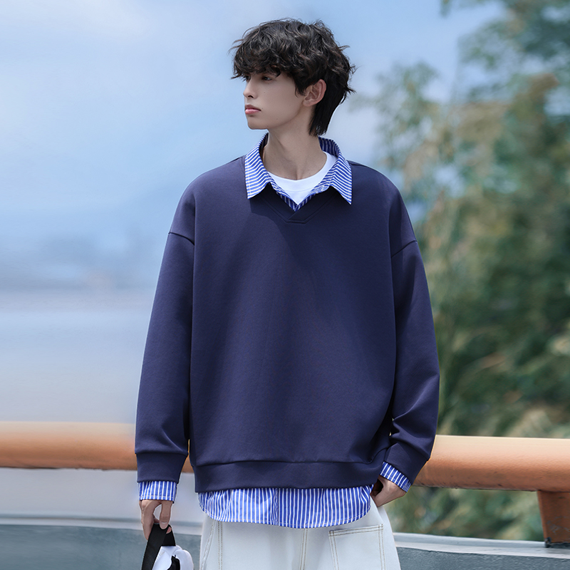 12460467.淘贝鼠春秋新款男款翻领假两件青少年港风文艺百搭卫衣【淘贝鼠男装QD】