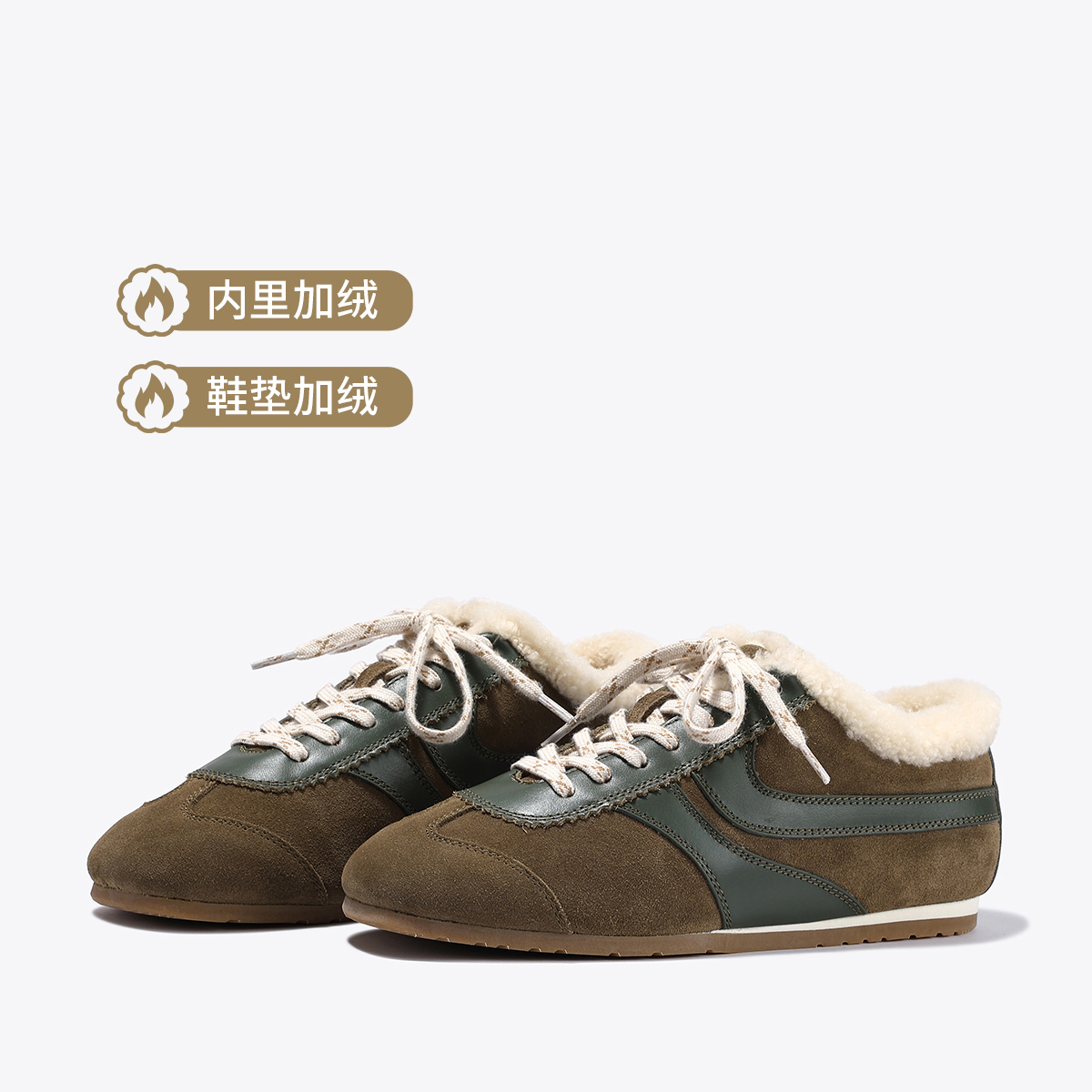 12462756.BellaLily2025秋季小众复古毛毛鞋百搭系带平底德训鞋保暖牛皮鞋
