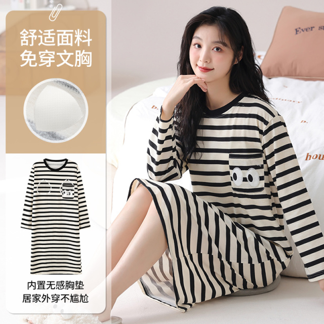 13648950.品彩【自带胸垫/免穿文胸】经典条纹睡裙女时髦感家居服可外穿13080