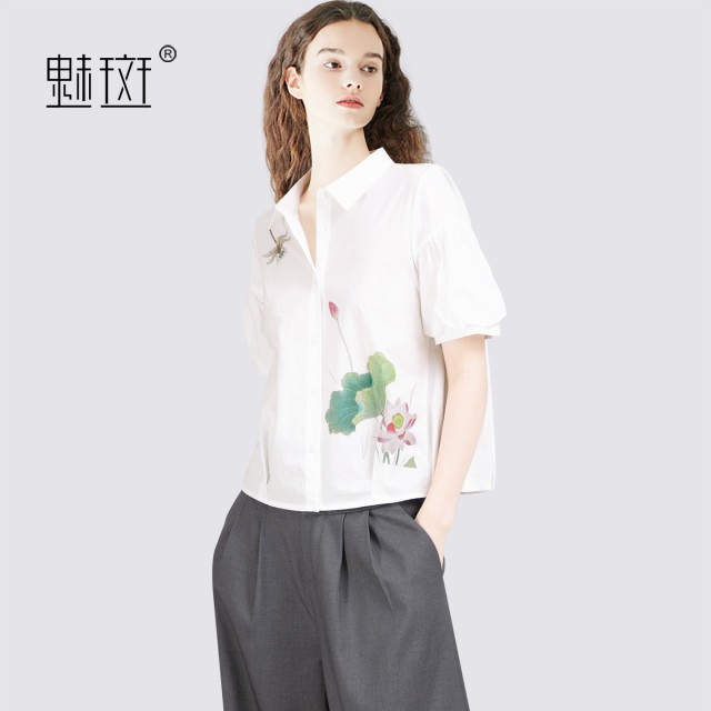 12461779.魅斑印花100%棉短袖衬衫Polo领娃娃衫上衣