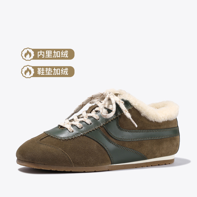12462756.BellaLily2025秋季小众复古毛毛鞋百搭系带平底德训鞋保暖牛皮鞋