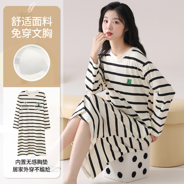 13648953.品彩【自带胸垫/免穿文胸】经典条纹睡裙女时髦感家居服可外穿13081