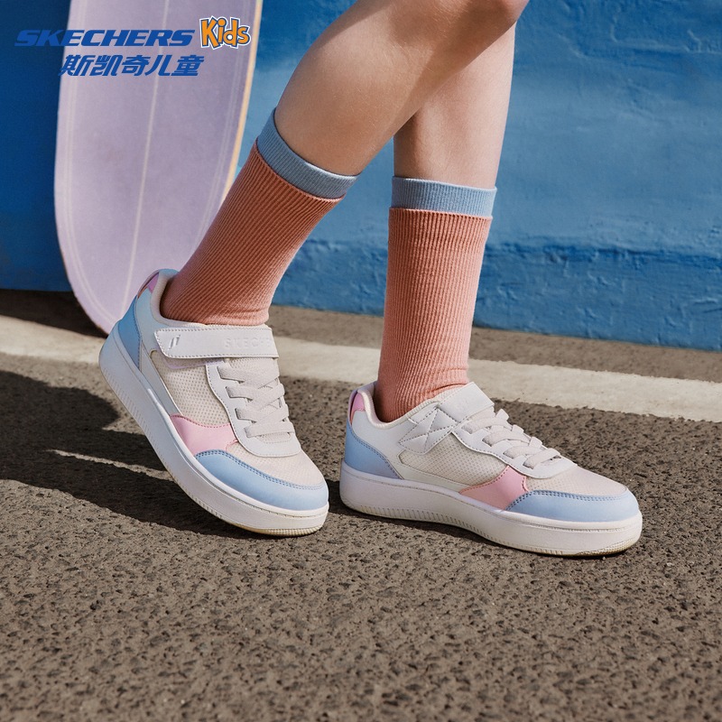 12462859.Skechers斯凯奇儿童魔术贴拼接撞色时尚板鞋春夏女童网面透气运动休闲鞋