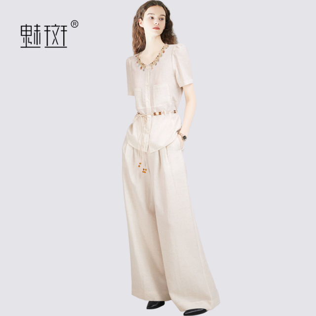 12460993.魅斑串珠系带上衣阔腿裤两件套套装