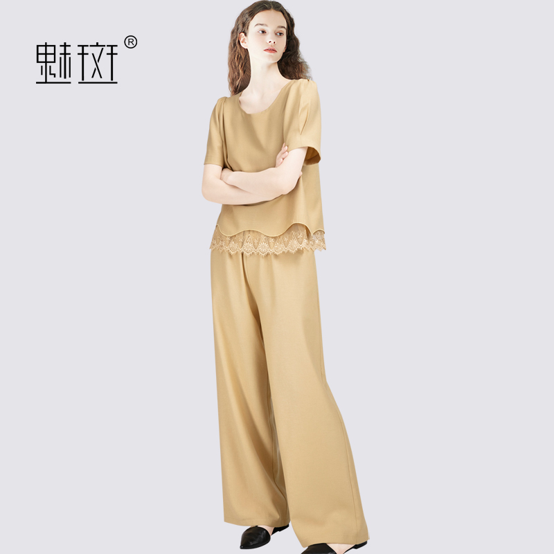 12460991.魅斑蕾丝拼接上衣阔腿裤两件套套装