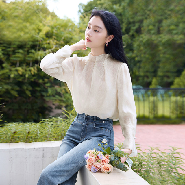 12464686.2025秋装网纱蕾丝衬衫女长袖衬衣喇叭袖花边立领上衣