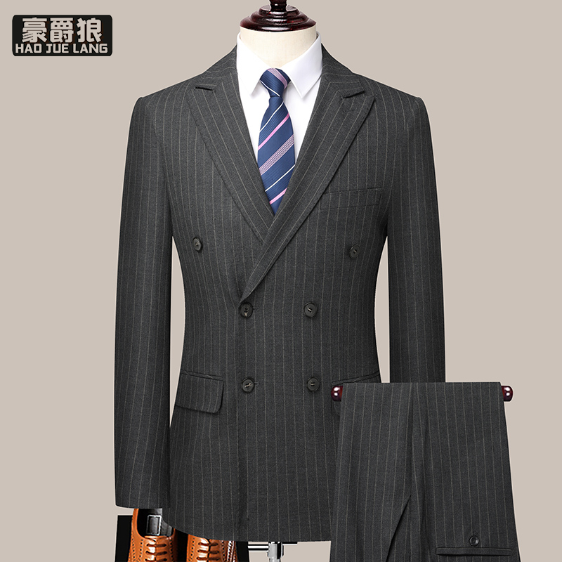 12469210.西服套装男双排扣条纹婚礼英伦修身西装男士新郎结婚礼服韩版