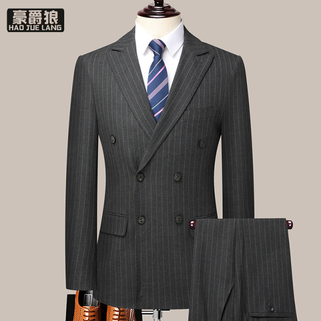 12469210.西服套装男双排扣条纹婚礼英伦修身西装男士新郎结婚礼服韩版