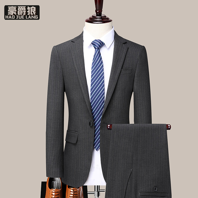 12469262.商务休闲单排扣修身青年条纹男西服套装两件套职业装结婚伴郎礼服