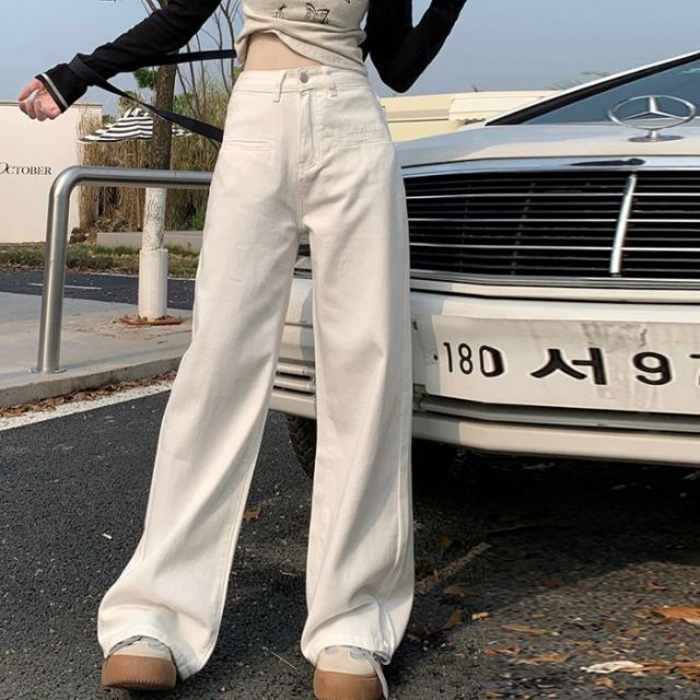 12465391.歌谛婕 白色设计感前口袋拼接高腰窄版直筒牛仔裤女装秋冬新款