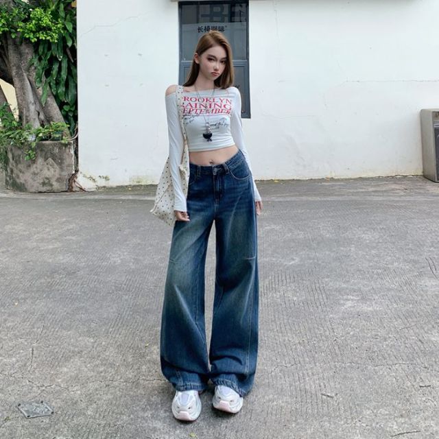 12465405.歌谛婕 计感拼接款宽松直筒牛仔裤女装新款高腰休闲百搭潮流窄版阔腿裤