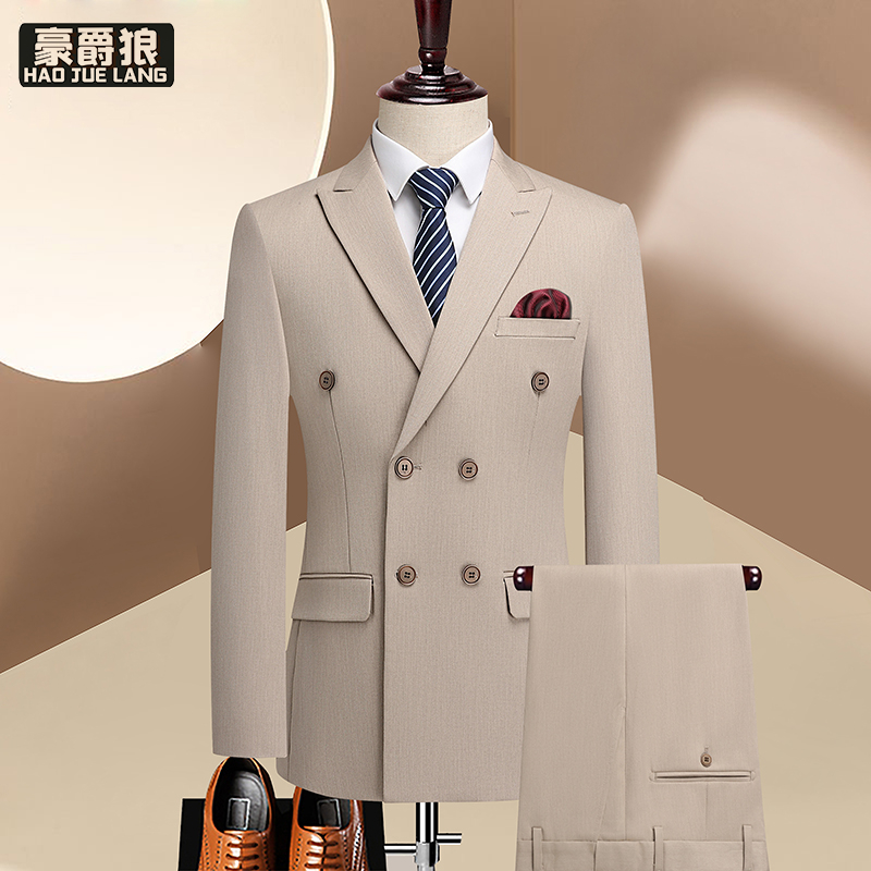 12469291.【上衣+裤子+马甲】西服套装男士双排扣商务弹力西装三件套结婚礼服