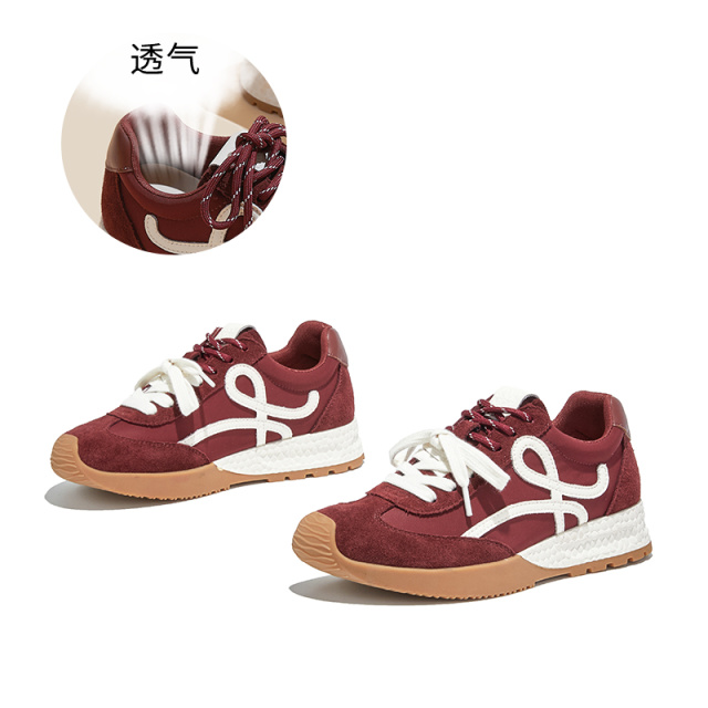 12465905.墨斯本新款真皮红色德训鞋厚底通勤百搭轻便运动休闲鞋女款12169