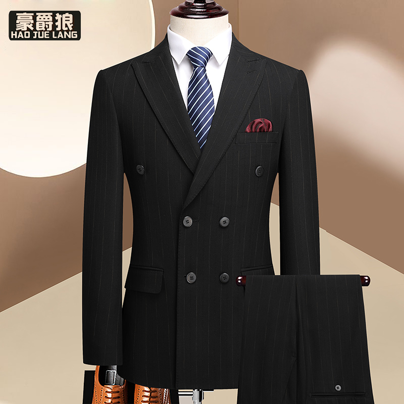 12469270.【上衣+裤子+马甲】西服套装男条纹结婚正装礼服双排扣英伦风三件套