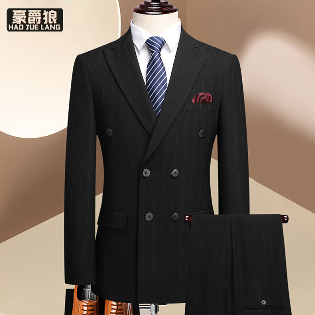 12469270.【上衣+裤子+马甲】西服套装男条纹结婚正装礼服双排扣英伦风三件套