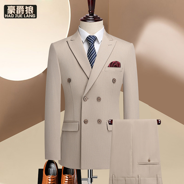 12469291.【上衣+裤子+马甲】西服套装男士双排扣商务弹力西装三件套结婚礼服
