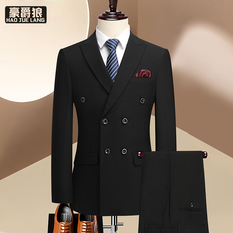 12469231.【上衣+裤子+马甲】双排扣黑色西装男套装英伦修身西服商务正装礼服