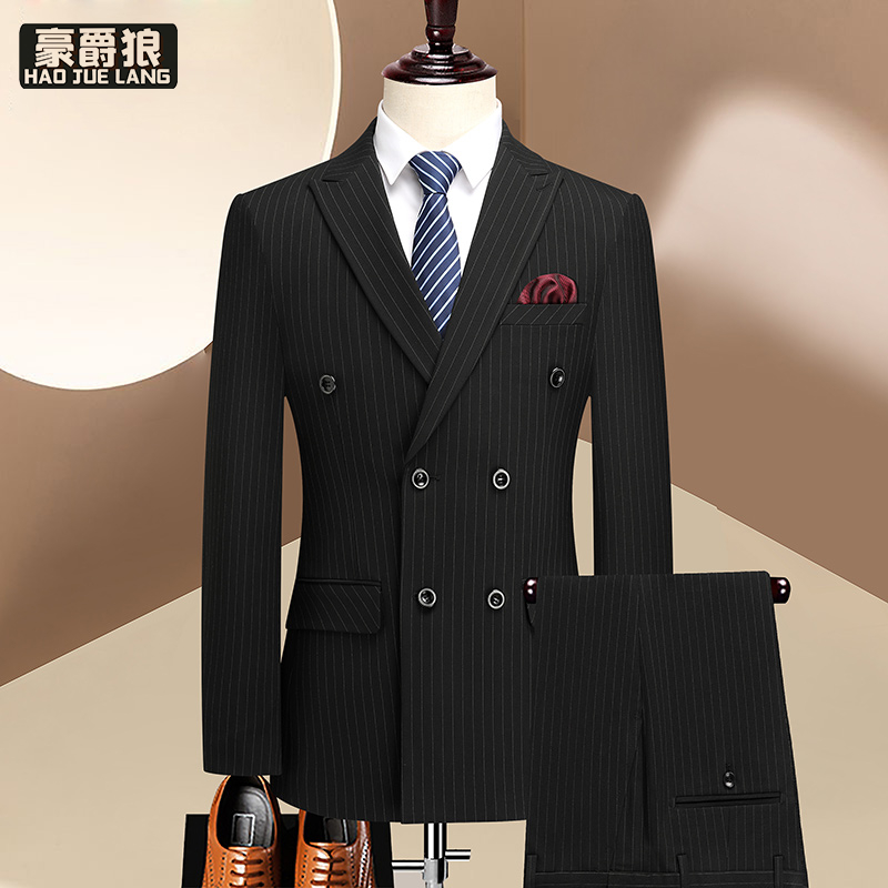 12469286.【上衣+裤子+马甲】双排扣黑色条纹西装男英伦西服商务正装婚礼服