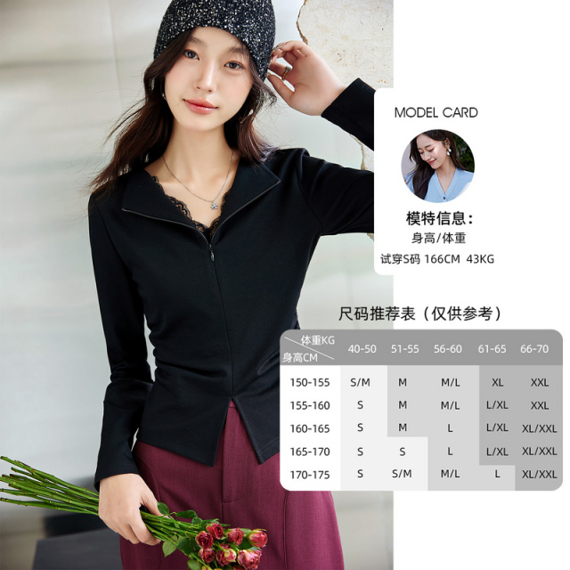 12471916.欧昵雪【简约浪漫感针织衫】温柔蕾丝花边拼接翻折领针织衫女