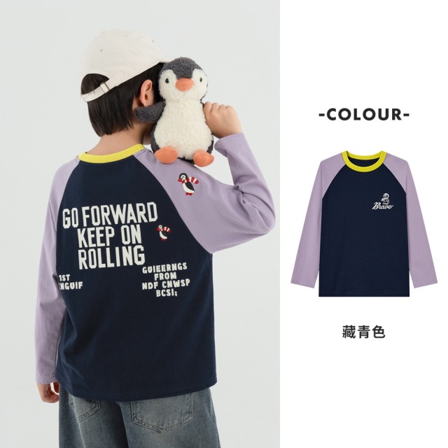 13310954.男童长袖T恤2026春秋款潮范美式撞色插肩袖儿童企鹅印花童趣上衣