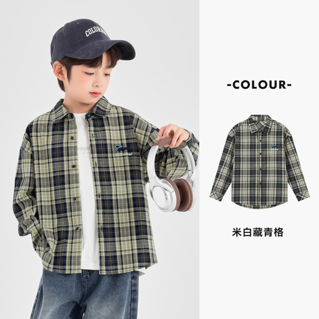 13310967.男童衬衫2026春秋款盐系休闲风格纹长袖软糯棉感儿童宽松百搭上衣