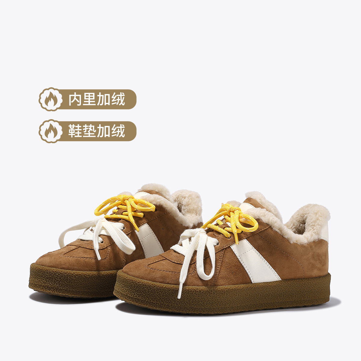 12472023.BellaLily2025秋冬新款毛毛鞋保暖休闲鞋女鸳鸯带牛皮加绒德训鞋