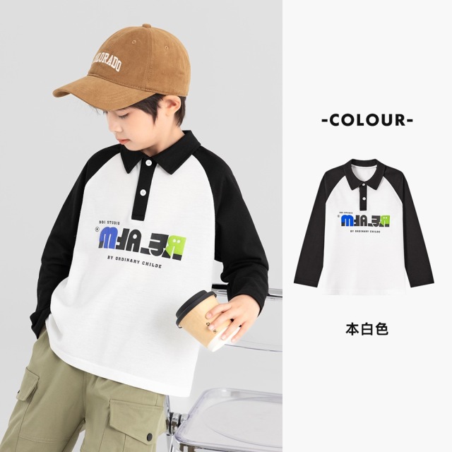 13310862.【潮酷设计感字母】儿童2026秋装拼色珠地POLO衫时尚男童长袖T恤