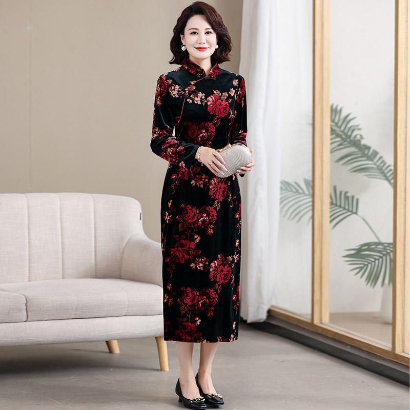 12636497.妈妈装新中式国风旗袍领修身连衣裙BKRL9357