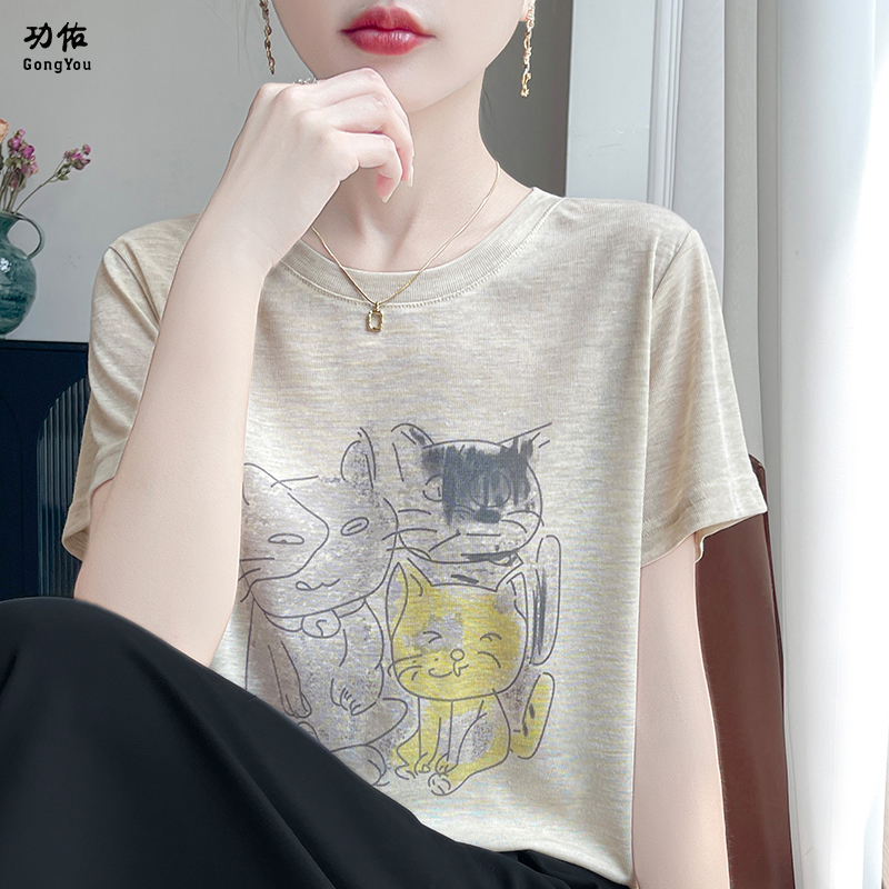 12476366.【功佑】时尚百搭卡通猫咪短袖