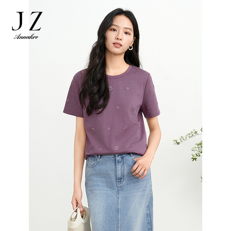 12472476.JUZUI玖姿休闲太阳花烫钻莱赛尔短袖T恤2025夏季新款JTFX83205